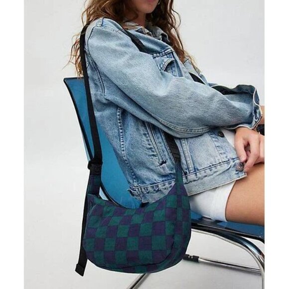 NWT Baggu Small Crescent Bag - Navy Green Check - Picture 6 of 11